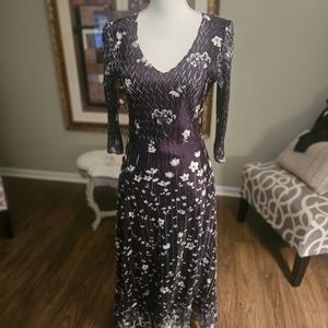 Komarov 3/4 sleeve Midnight Vine Floral Print Charmeuse Midi Dress